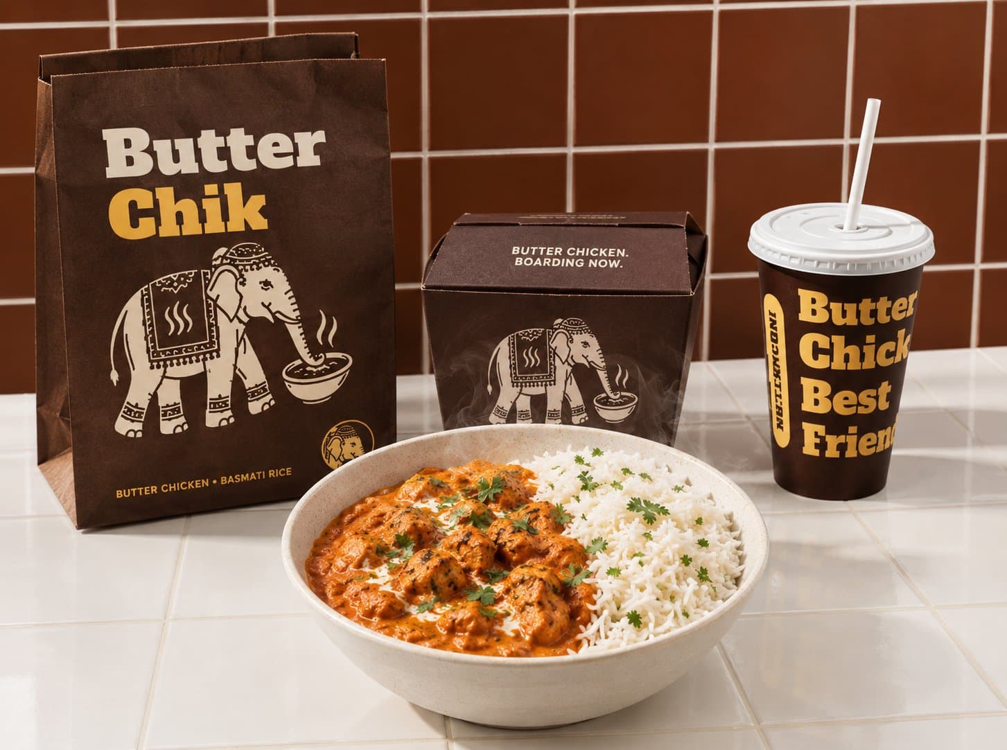 A bowl of butter chicken and basmati rice in front of a ButterChik bag, takeout box and drink cup